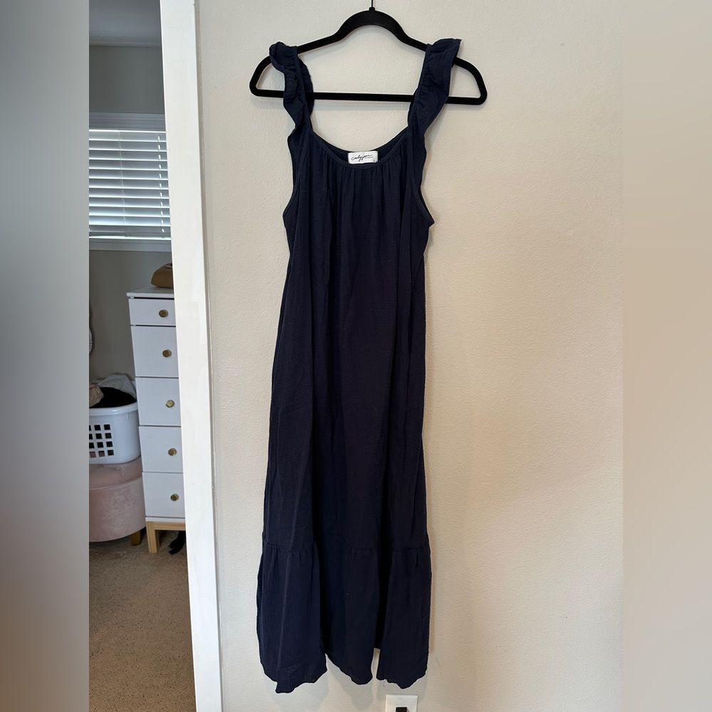 Carly Jean Los Angeles Navy Ruffle Strap Maxi Dress